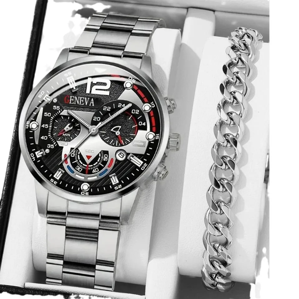 2pcs Quartz Watch Luxury Black Quartz Watch & Bracelet For Men Business Fashion Round Calendar Watch Set Without Box