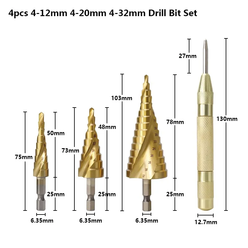 Cspe-스텝 콘 드릴 육각 생크 4-12 4-20 4-30mm 금속 구멍 커터 센터 펀치 티타늄 코팅 HSS 금속 드릴 비트, 전동 공구 세트, 홀 커터