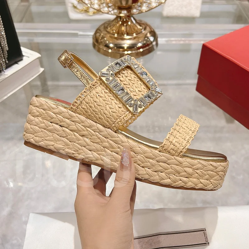 Designer Women Sandals Vintage Thick Water Platform 3-5cm Cowhide Straw Shoes Luxury Leak Toe Ankle Strakle Strap Ladies Shoes