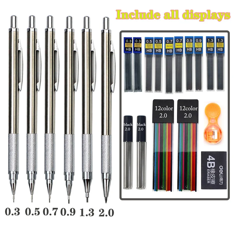 Metal Mechanical Pencils Set with Lead Refills Drafting Automatic Pencil  0.3, 0.5, 0.7, 0.9, 1.3, 2.0mm 2B HB For Art Supplie - AliExpress