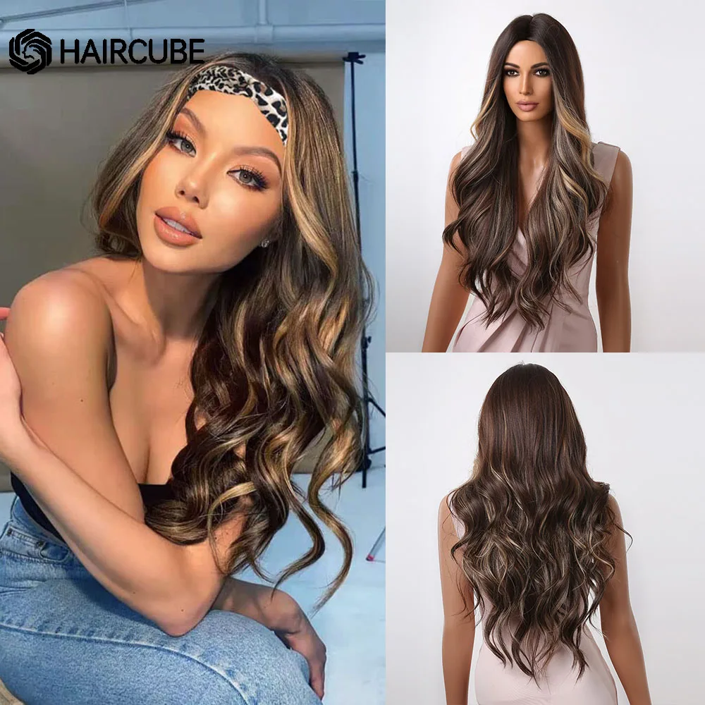 

HAIRCUBE Brown Blonde Copper Highlight Synthetic Wigs Long Wavy Women Wigs Middle Part Daily Cosplay Heat Resistant Natural Wigs