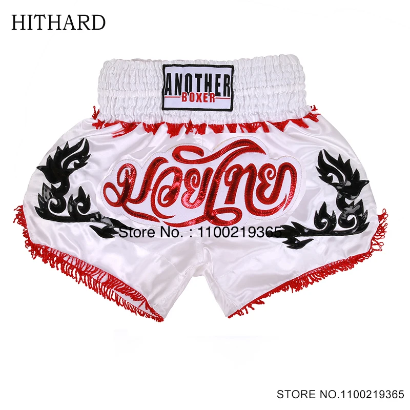 Muay Thai Shorts with Tassels Boxing Shorts Womens Men Child Embroidery Satin Kickboxing Cage Fighting Shorts Grappling Pants