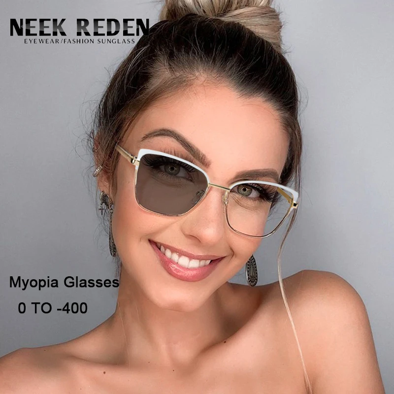 Retro Wit Meekleurende Bijziendheid Bril Vrouwen Cat Eye Legering Frame Bijziend Brillen-0.5 -1.75 -2.25 -3.0 -2.25 -3.25 -4.0