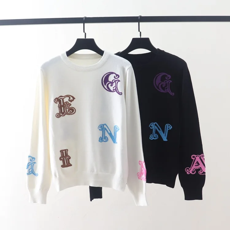 

Colorful Letter Embroidery Fashion Women Sweater Pullovers Tops Full Sleeves White Color Lady Jumpers Clothes