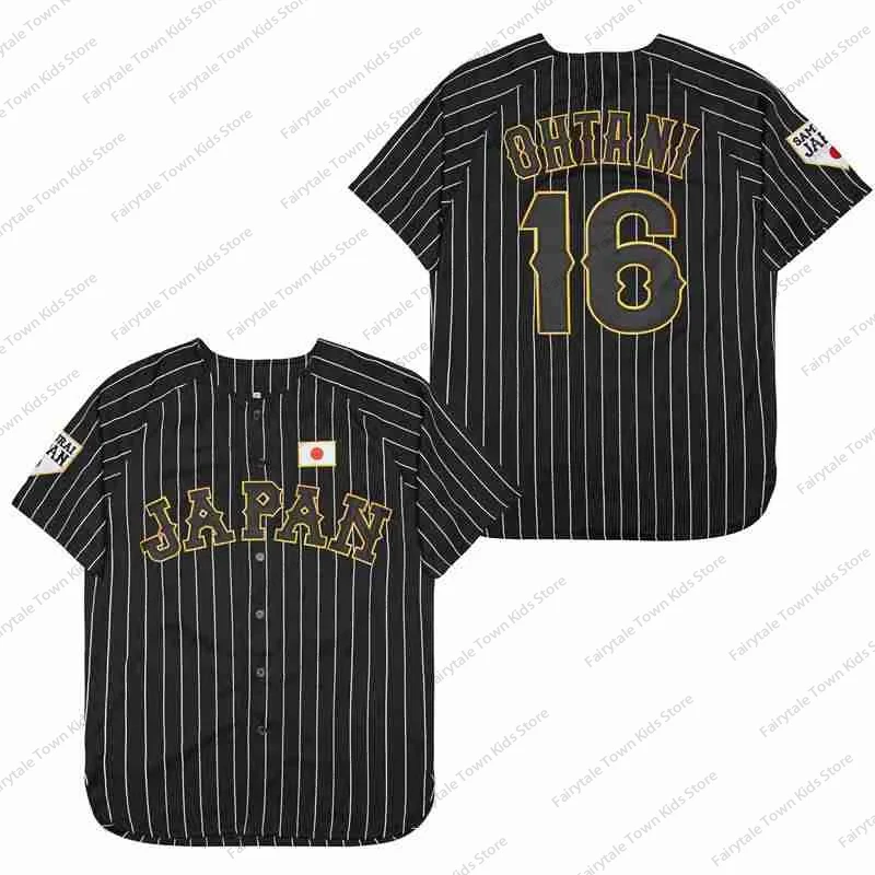 새로운 Arriavl 화이트 블랙 스트라이프 야구 저지 일본 16 OHTANI 유니폼 고품질 스포츠 야외 훈련 유니폼 어린이/성인