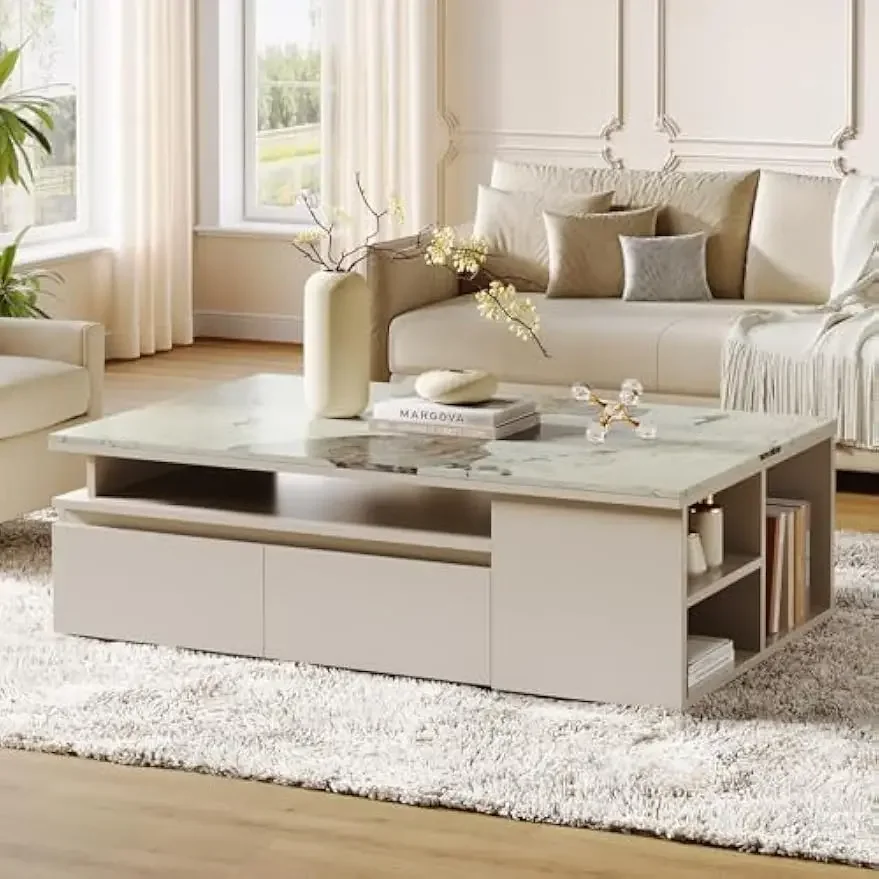 Extendable Tabletop Coffee Table , Modern from 51-Inch to 71-Inch Center Table for Living Room, Faux Marble Veneer 6