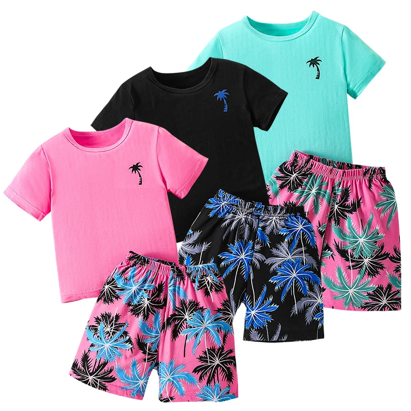 2/4 children's summer leisure sports printed short sleeved shorts set, boys and girls vacation style fashionable T-shirt pants 2