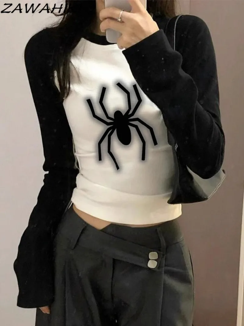 

Zawhiki весна-осень тонкая Лоскутная Женская футболка с длинным рукавом и графическим принтом в виде паука Y2K эстетические универсальные футболки с круглым вырезом