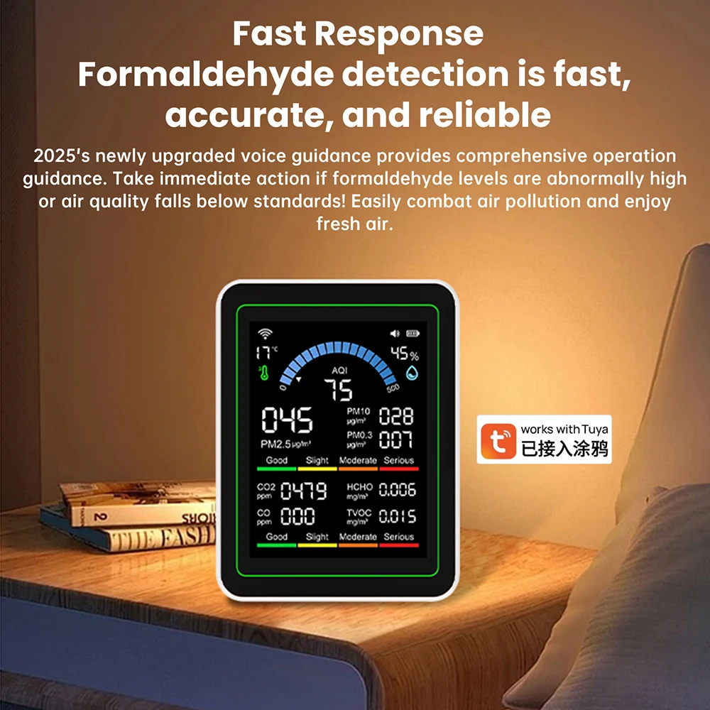 10 in 1 Air Quality Detector PM2.5 PM10 Particle Counter CO CO2 TVOC HCHO Temperature Humidity AQI Tester with Alarm