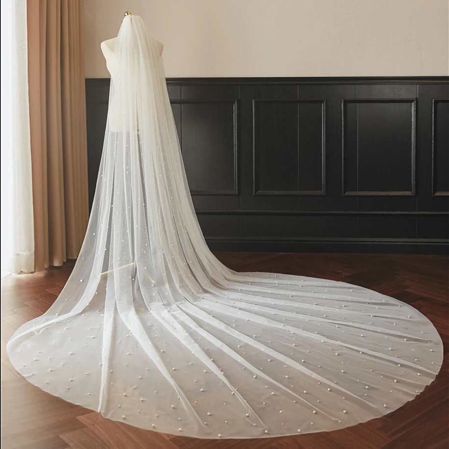 3 Meter 1Tier Wedding Veil With Pearls Long Bridal Veil with Comb Scattered Dense Pearls Gorgeous Mantilla Cathedral Veil