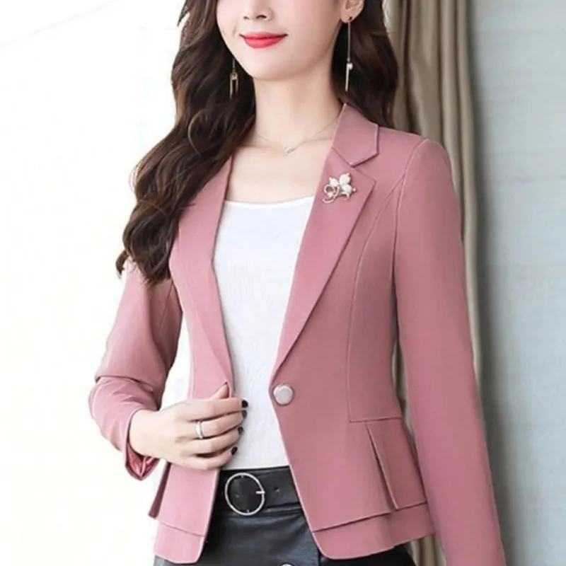 Women's Autumn and Winter New Fashion Commuting Solid Color Lapel Button Casual Versatile Long Sleeved Slim Fit Short Suit Coat