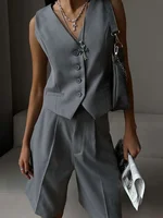 Wolfeel Summer Womem Chic Vest Shorts Suit Two-Piece Set Office Ladies Chic 2 Piece Sets Womens Outfits - Image 3