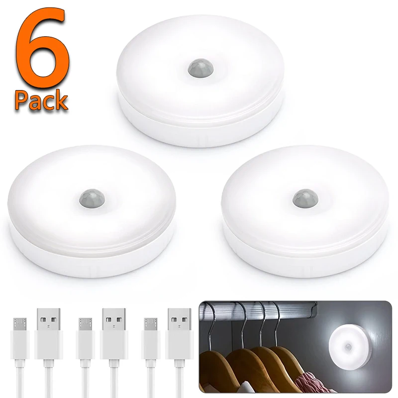 Motion Sensor Puck Lights LED Wireless USB Rechargeable Under Cabinet Shelf Display Closet Counter