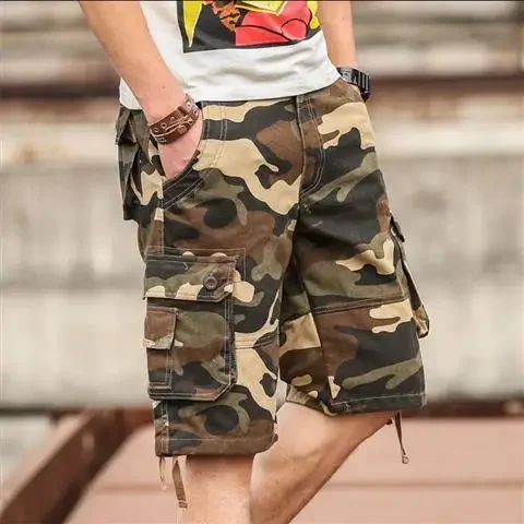 thumbnail image 1 of Pantalones cortos cargo para hombre, holgados, anchos, con botones, para hombre, con múltiples bolsillos, nuevos, de algodón, ropa pesada, pantalones cortos, cómodos, Y2k, 1 of 5