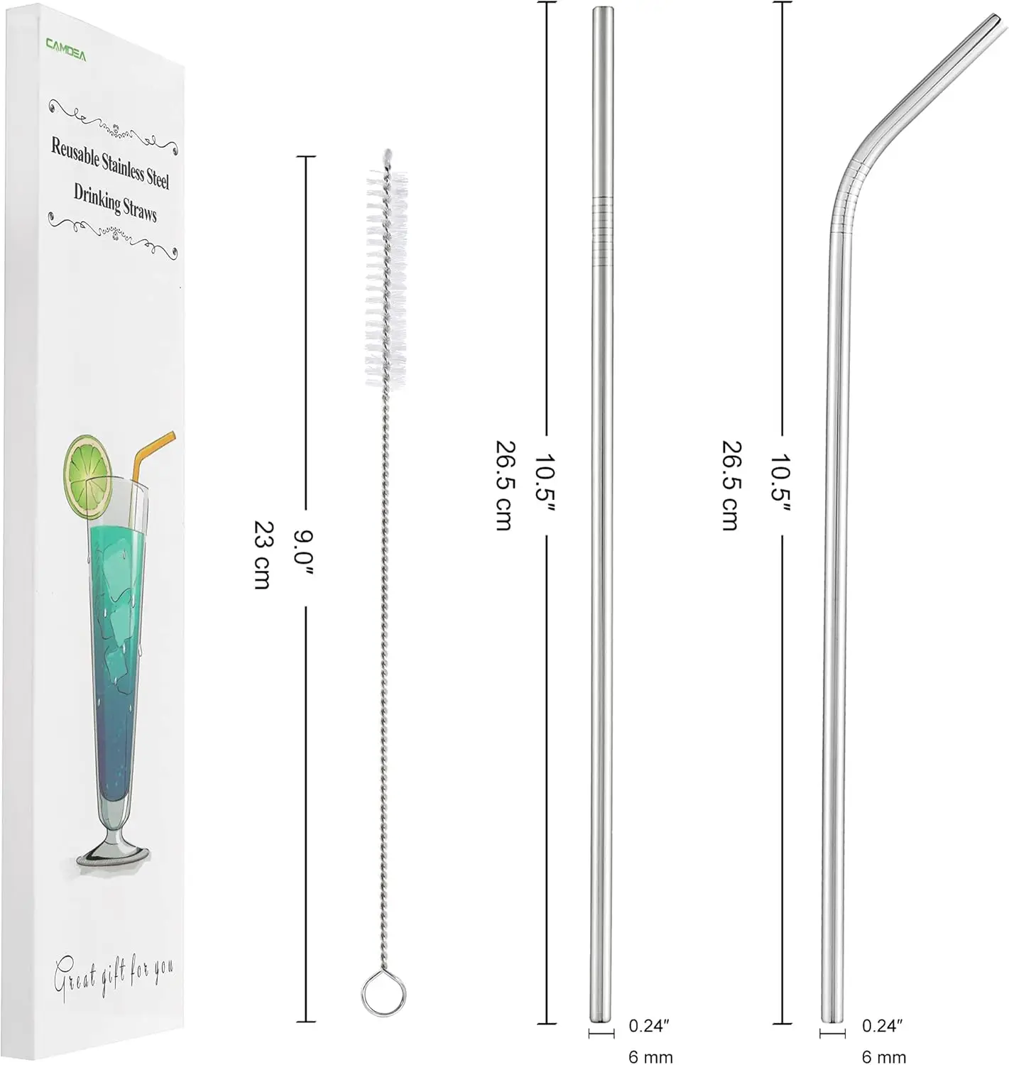 Set of 4 Reusable Metal Straws, Long Stainless Steel Straw with Cleaning Brushes and Case, Drinking for 30 oz and 20 oz Tumblers