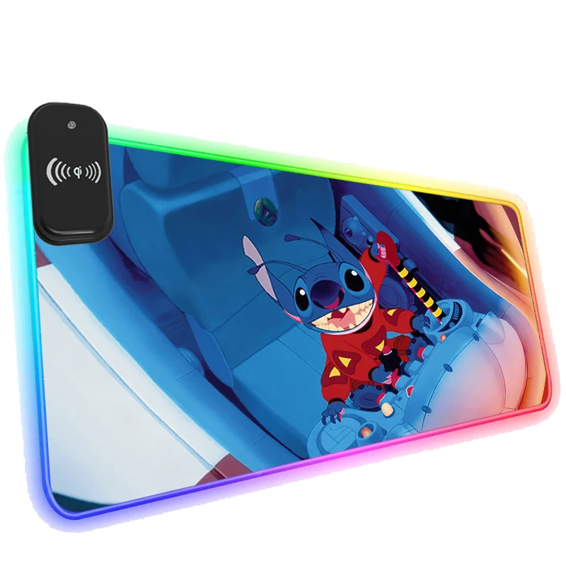

Kawaii Desk Pad Disney Stitch Gaming Mouse Pad RGB Phone Wireless Charging With Backlight Computer Lovable Deskmat Free Shipping