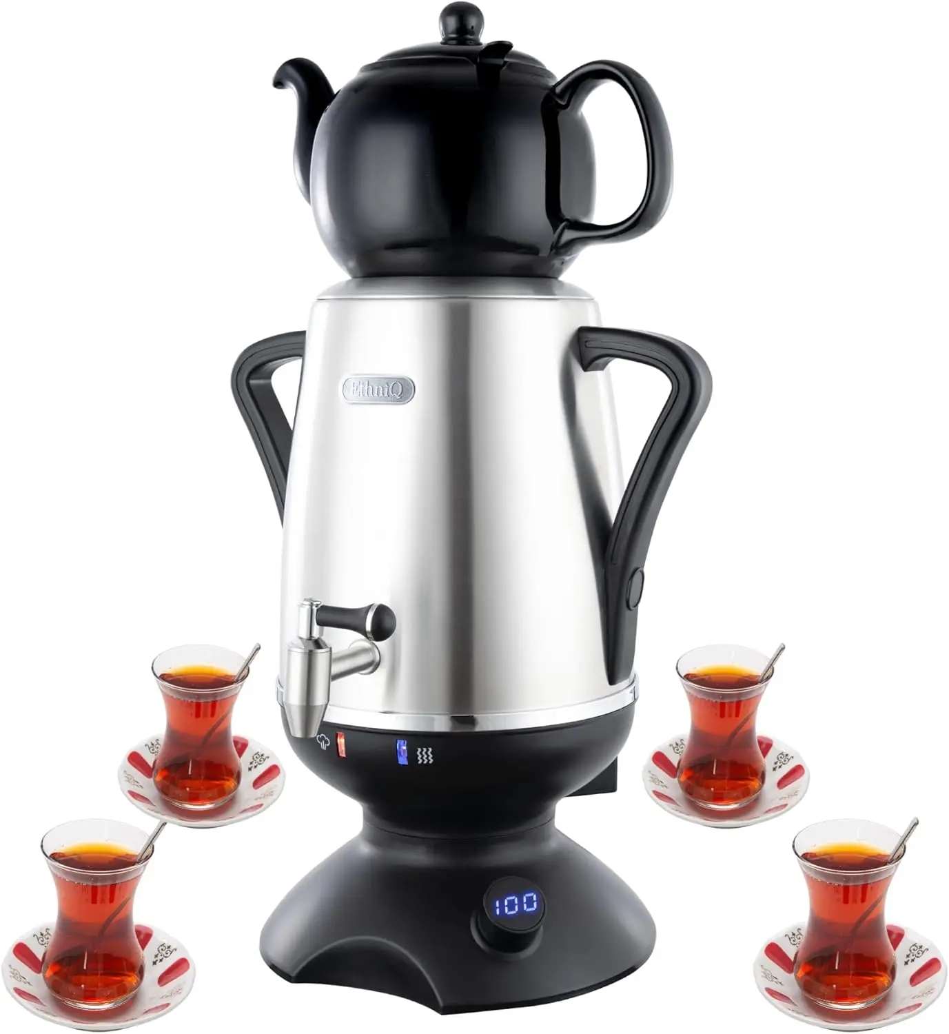 Ethniq Electric Samovar: 4-Liter Stainless Steel Tea Maker with Adjustable Temperature, Boil Dry Protection, and Automatic Shot-