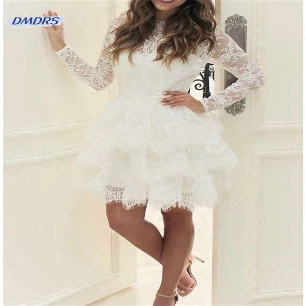 

Beach Lace Above Knee Regular Sleeve Wedding Dress Sexy O-neck A-line Bridal Gown Modern Vestidos De Novia