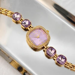 Vintage Elegance Women's Watch: Square Diamond - Set Face with Colorful Crystal Band (Purple)