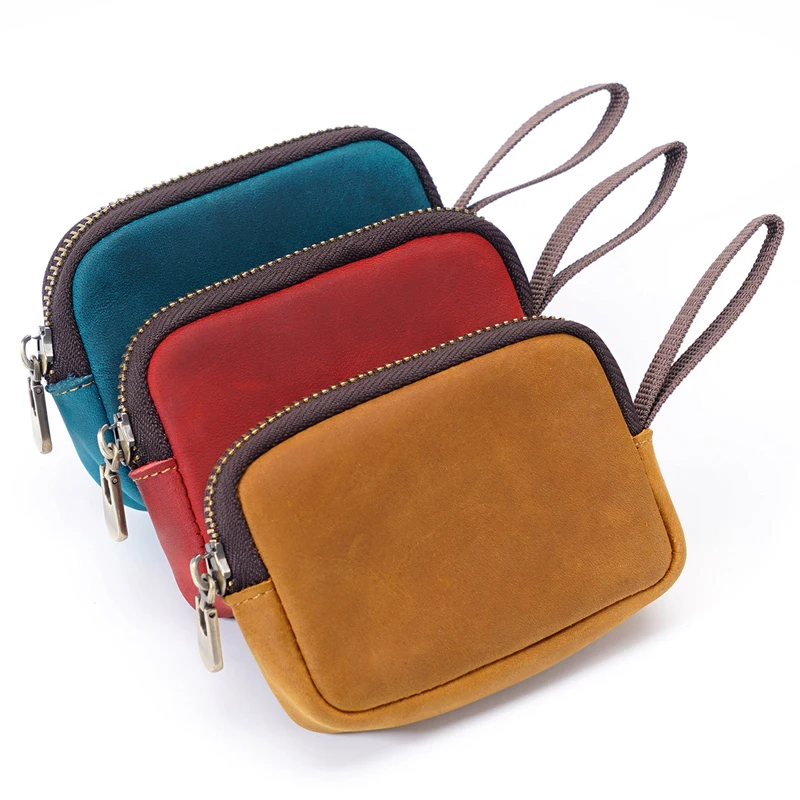 Vintage Solid Color Cowhide Small Purse Mini Coin Purse Bluetooth Headset Key Bag Zipper Card Coin Storage Bag
