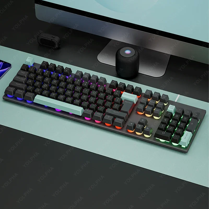 7 Colours Wired Keyboard 104 Keys Rainbow Backlit Office Gaming Keyboard QWERTY Layout Suspended Keys Square Cap Gaming Gear