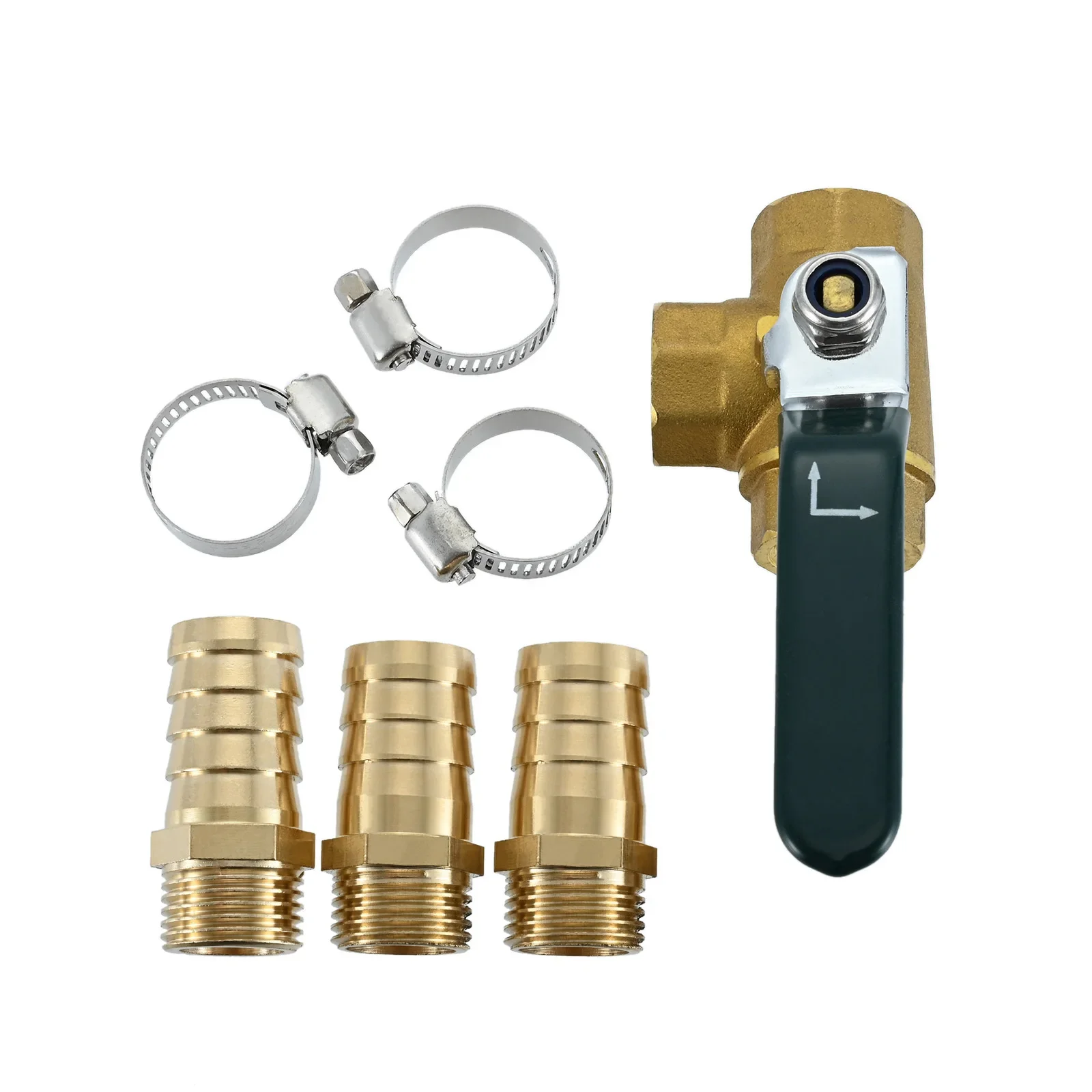 1Set 3 Way L-port Shut Off 1/2"G Thread Ball Valve with 1/2" Hose Barb T Shaped Brass Fitting One Switch with 3 Pipe Clamps