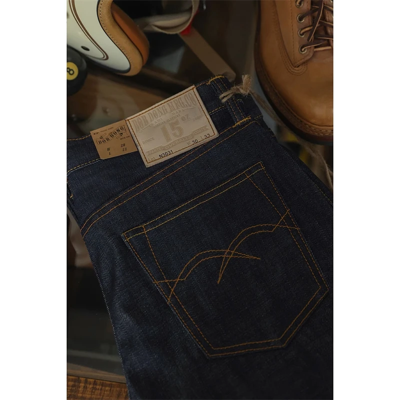 BOB DONG 15oz Selvedge Jeans Pocket Design Raw Denim Men's Pants Straight Leg 5