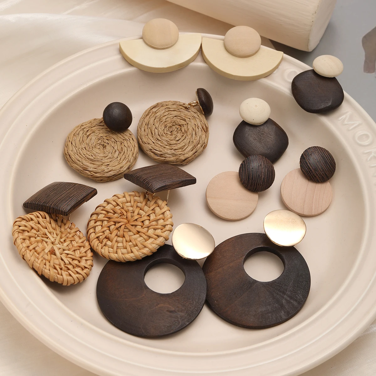 6Pcs Elegant Wood Earring Set For Women Fashion Exaggerated Big Round Geometric Drop Earrings 2024 Trendy Jewelry Gifts New