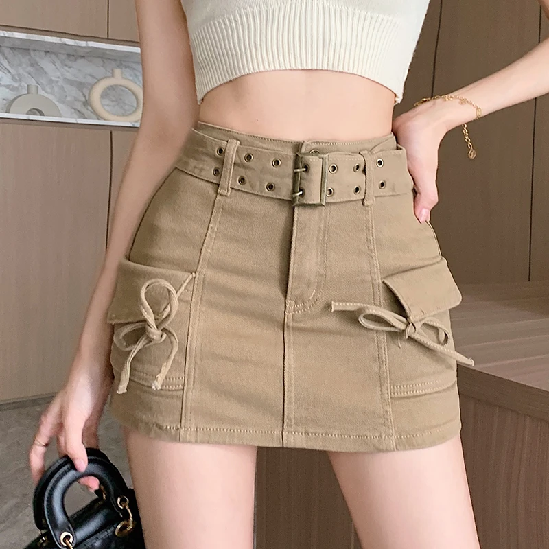 Bow Pockets Denim Jeans Skirt Women High Waist with Belted Mini Skirt