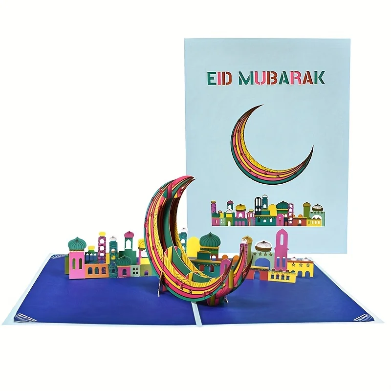 3D Muslim mosque three-dimensional greeting card Festival Moon Eid handmade paper carved card Eid Ramadan greeting envelope