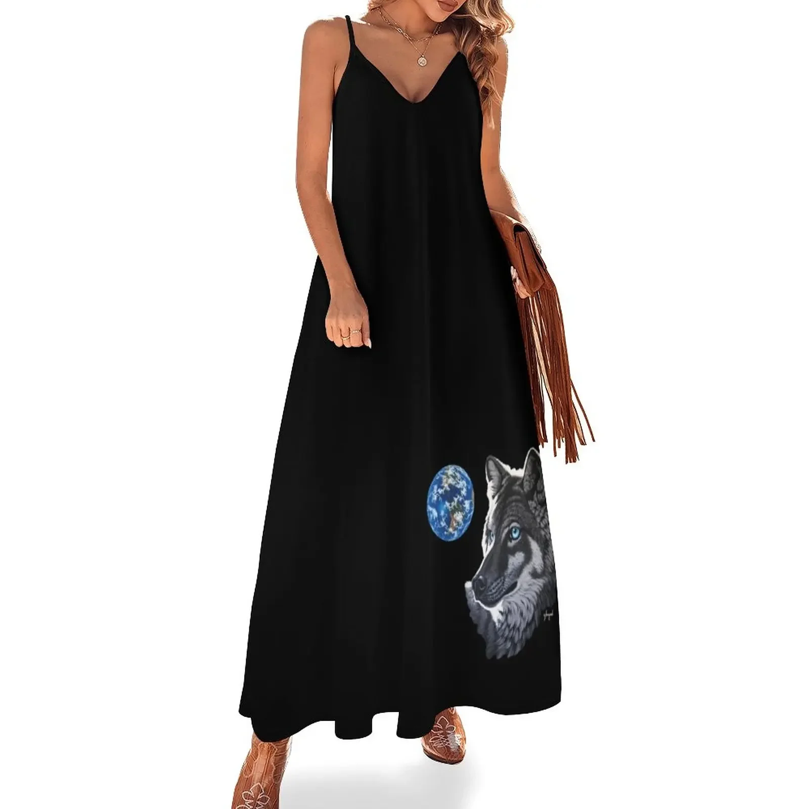 

Женское платье без рукавов, летнее платье с голубыми глазами и волком, модель 2024 на лето, 2024