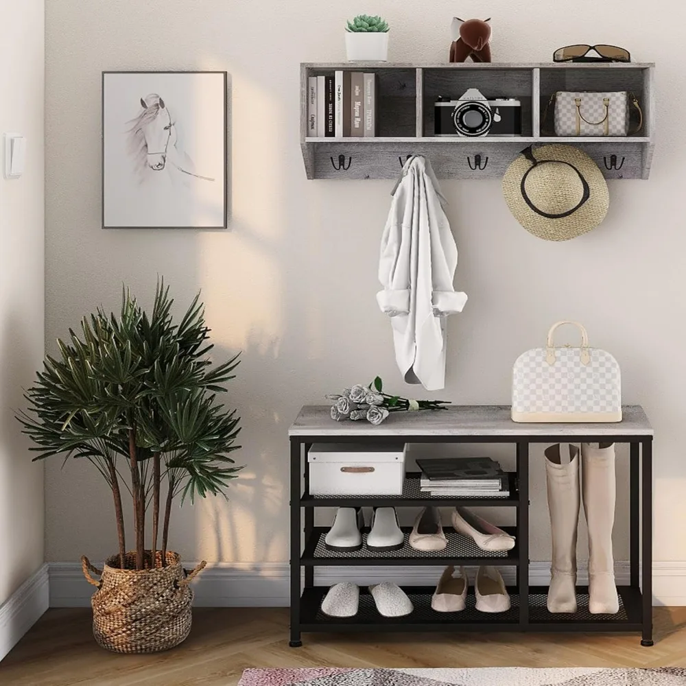 Coat Rack Shoe Bench Set Entryway Hall Tree with Bench Shoe Rack Wall Mounted Coat 3 Storage Cubbies Display Shelf for