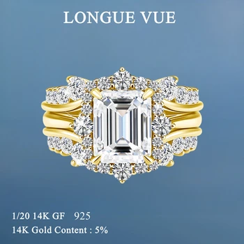 New Luxury High End Emerald Cut Moissanite Women's Ring 14K Gold Filled Bridal Jewelry Noble Retro Style Wedding Ring Set