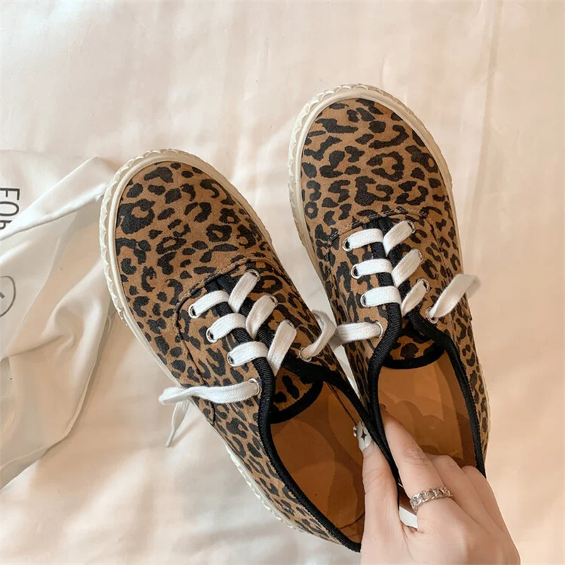 

Sneakers Shoes for Women 2024 Casual Single Sheepskin Leopord Shoes Lace-up Thick Soled Round Toe Comfortable Insole Flats