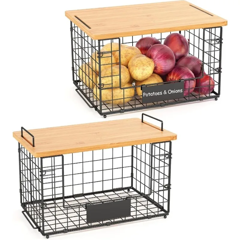 

2 Pack Stackable Wire Baskets with Bamboo Top for Pantry Organizers and Storage, XL Kitchen Organization Counter Basket