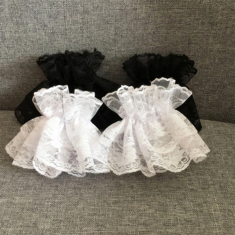 Lolita Lace Wrist Cuffs - Ruffled Floral Black Hand Sleeves for Halloween