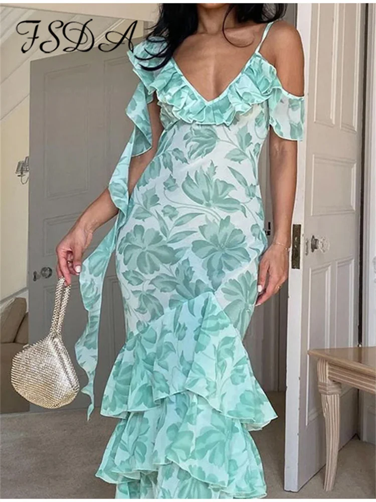 

FSDA Women Sexy Printing Ruffle Midi Dress Vintage Sleeveless Backless Slim Fit Suspender Frock Chic Beach Holiday Party
