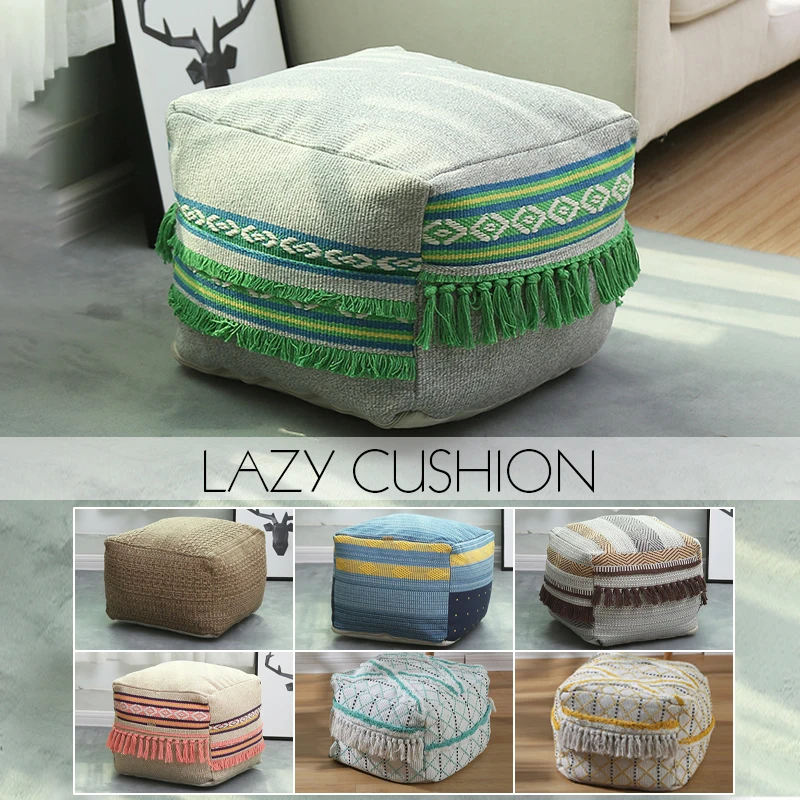 Square Multi-Pattern Moroccan Cotton And Linen Footstool With Tassel Pouffe Ottoman Pouf Cover Vintage Handmade Unstuffed