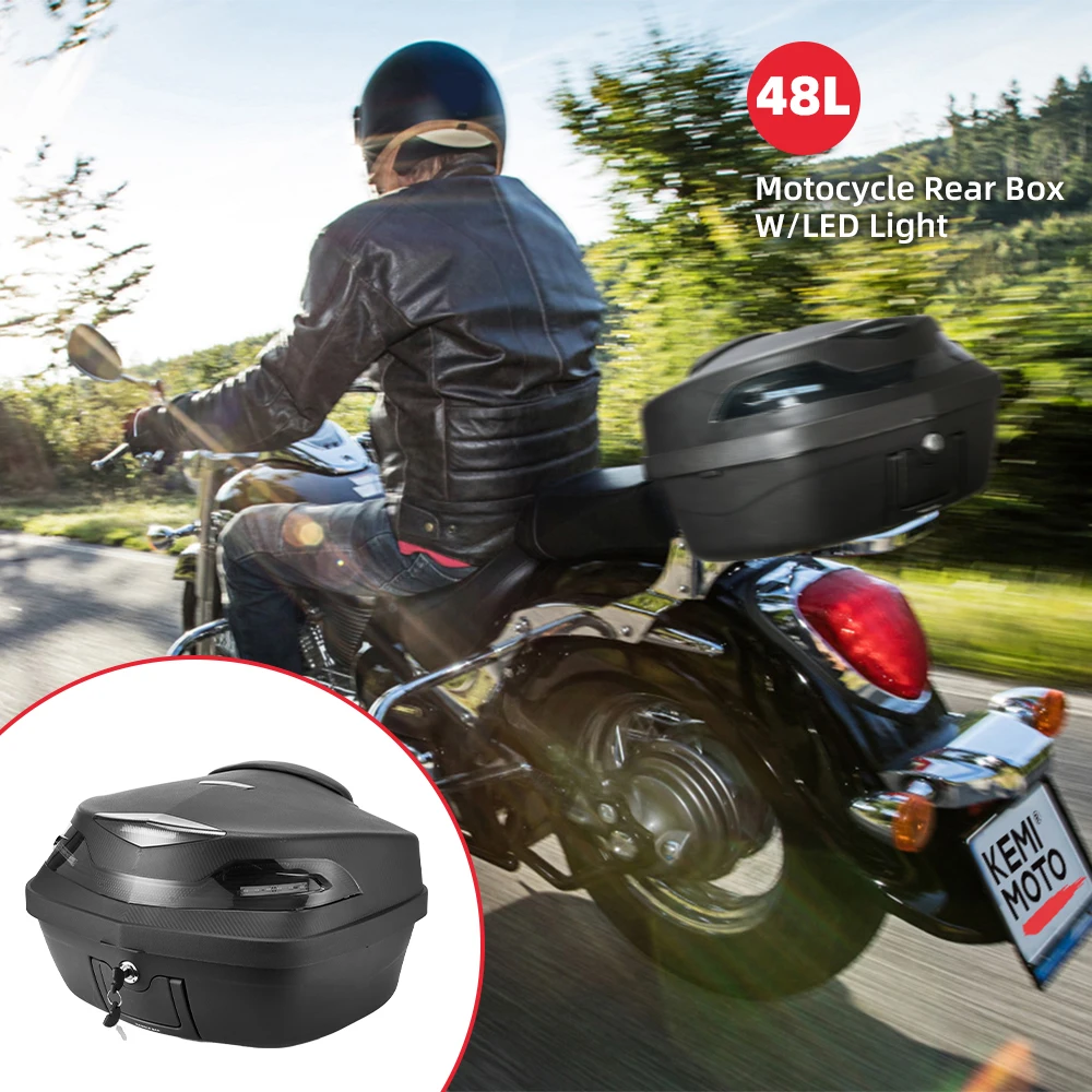 Motorcycle Rear Cargo Trunk Scooter Top Box Storage Luggage Topbox Case 48L Secure Latch KEMIMOTO Universal w/LED Taillight Bags motorcycle tail box