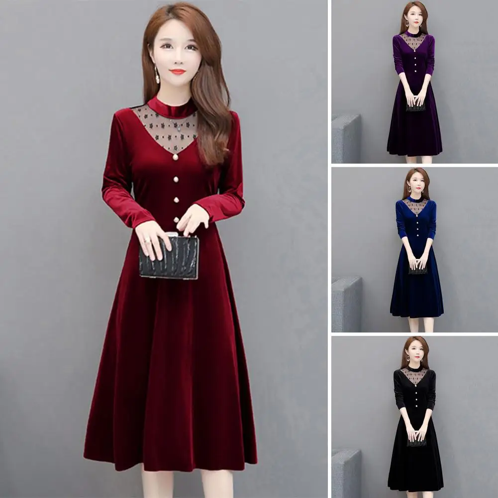

Women Elegant Velvet Dress O-neck Hollow Out Mesh Yarn Stitching A-Line Dress Long Sleeve Buttons Decor Loose Hem Midi Dress