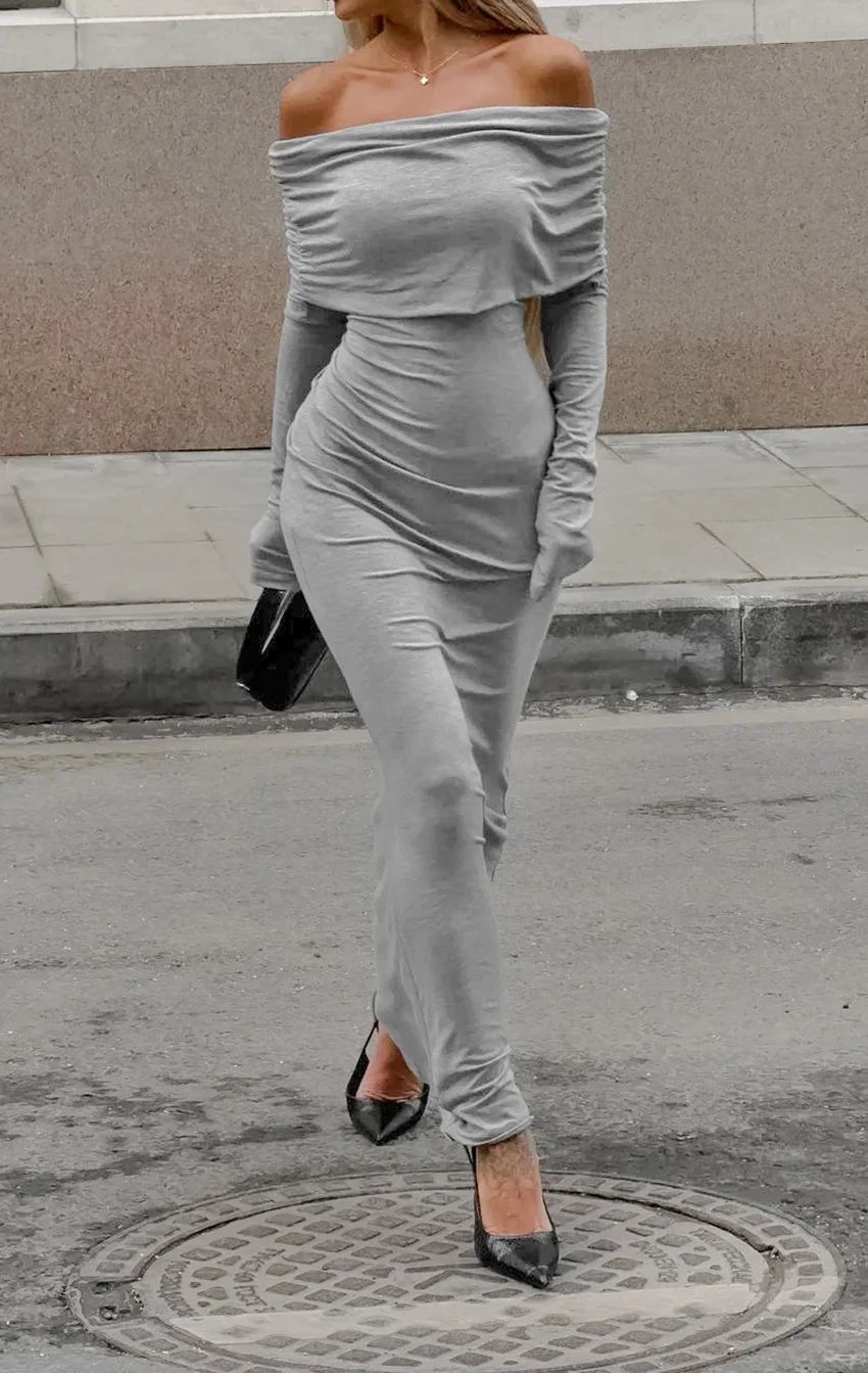 Fashion Autumn Knit Long Dress Women's Off-Shoulder Patchwork Ribbed High Waist Slim Ladies Dress Knitwear Elegant Dress