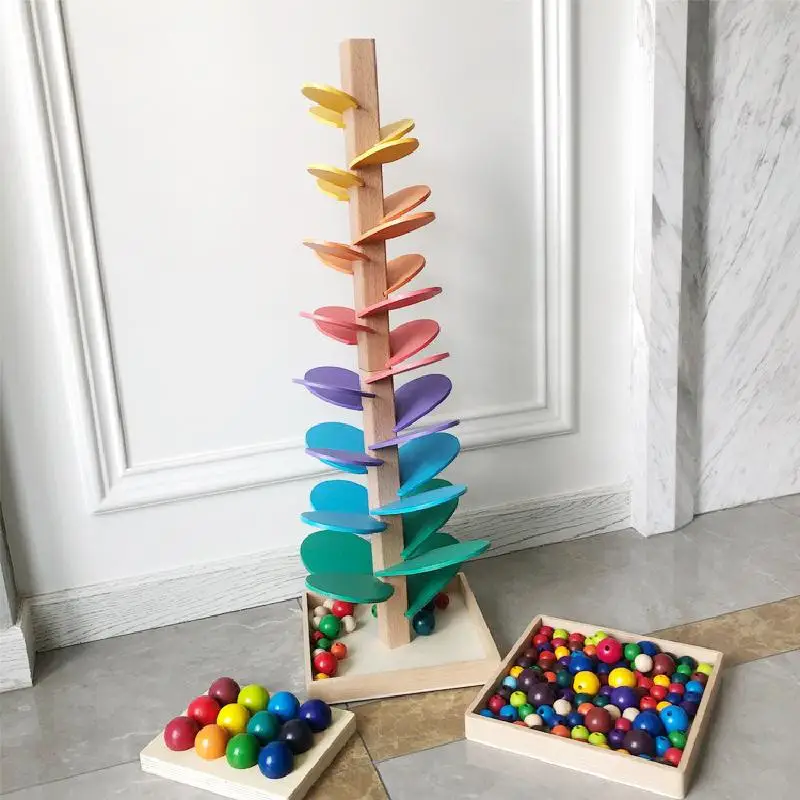 

Wooden Montessori Baby Petal Tree Building Blocks Toy Preschool Children's Rainbow Ball Run Track Educational Toy For Kids Gifts