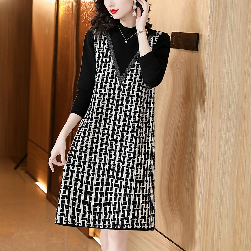 

Women Clothing Mid Length Version Knitted Dresses Spring Autumn Casual Fashion Simple Comfortable Knee Length Wool Dresses