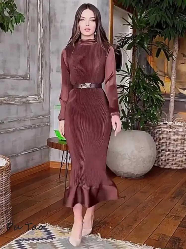 

Eid Dubai Muslim Dress for Women Slim Fit Pleated Long Dresses Abaya Morocco Party Ramadan Belted Vestidos Largo Islam Arab Robe