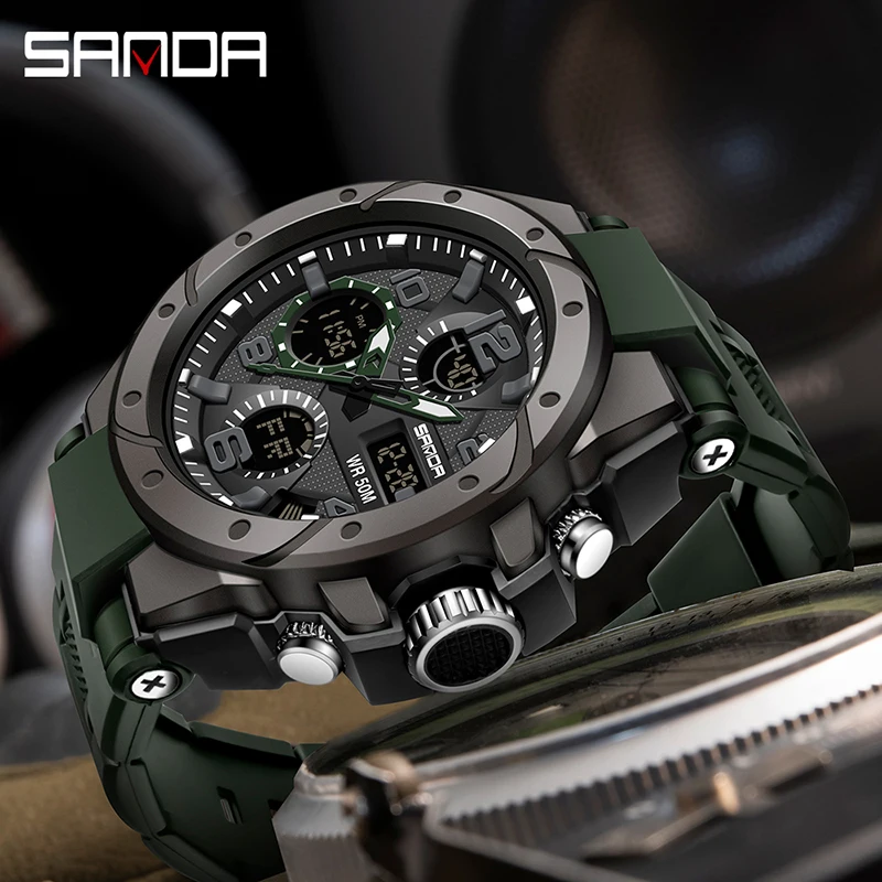 SANDA 6008 LED Dual Display Digital Electronic Mens Wristwatches Luxury Waterproof Sport Watch for Men Military Shockproof