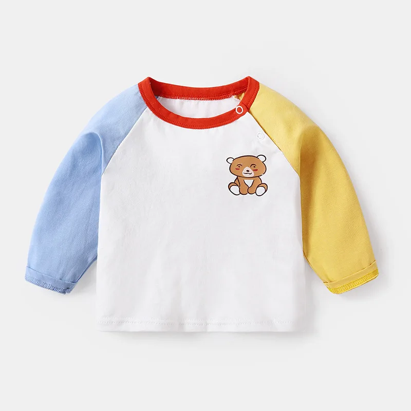 Babys Boys Long Sleeve Tees Autumn Young Children Girls Solid Cotton Undershirt Bear Print Newborn Infant Girls Spliced T-shirts 3