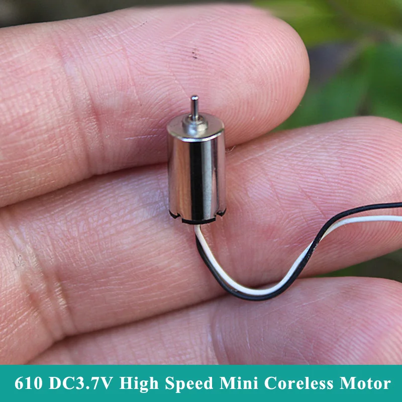 Mini moteur 6x10mm sans noyau 3.7V CC pour RC, montrant les cosses de soudure et l'arbre.