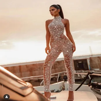 여성 캐주얼 파티 점프수트, 민소매 행잉 넥, 고급스러운 럭셔리 드레스, 단색 비즈, 섹시 패션, 이브닝 파티 웨어 여성 캐주얼 파티 점프수트, 민소매 행잉 넥, 고급스러운 럭셔리 드레스, 단색 
