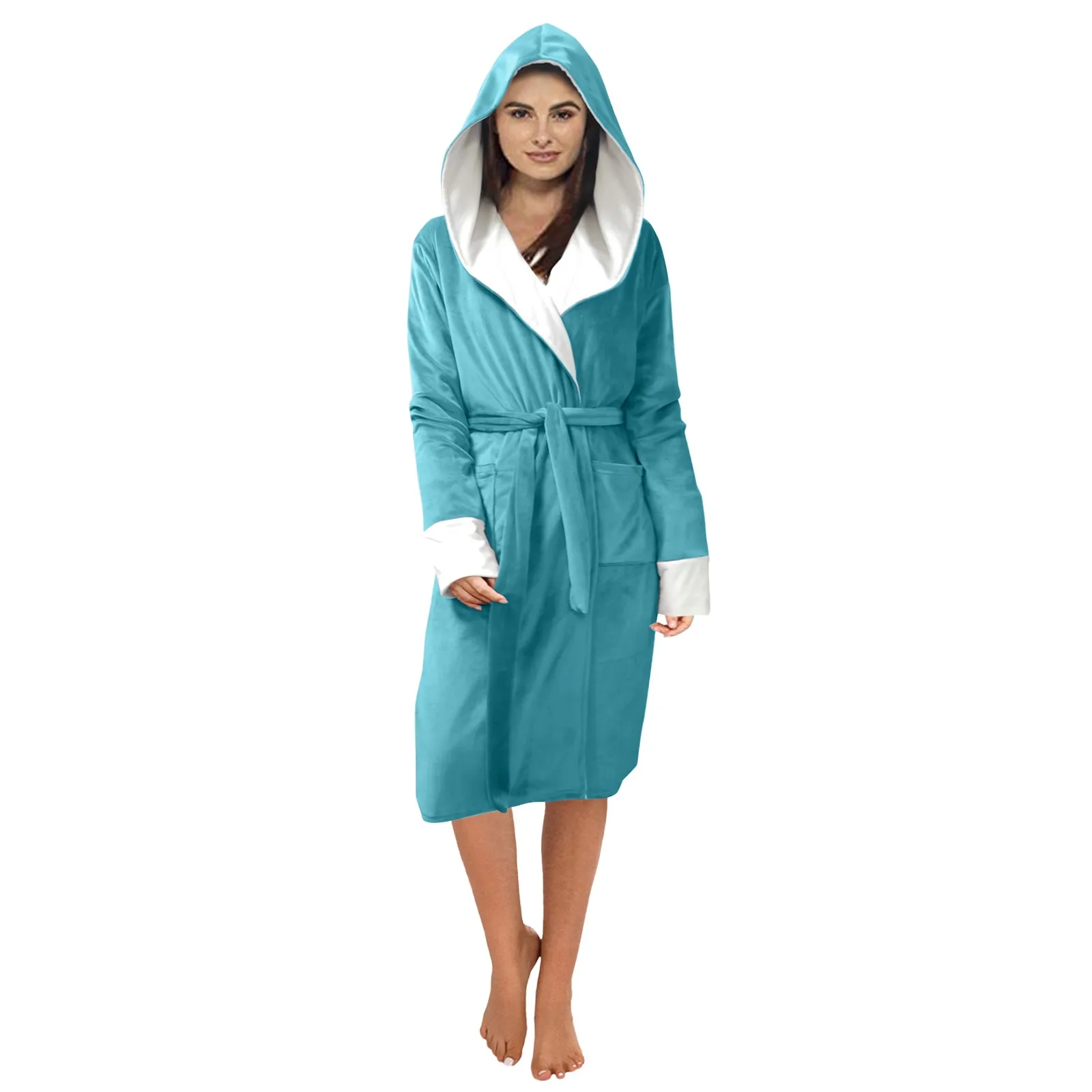 New Sky Blue Flannel Bathrobes Women's Solid Color X-long Hooded Flannel Bathrobes Winter Comfortable Kimono Nightgowns