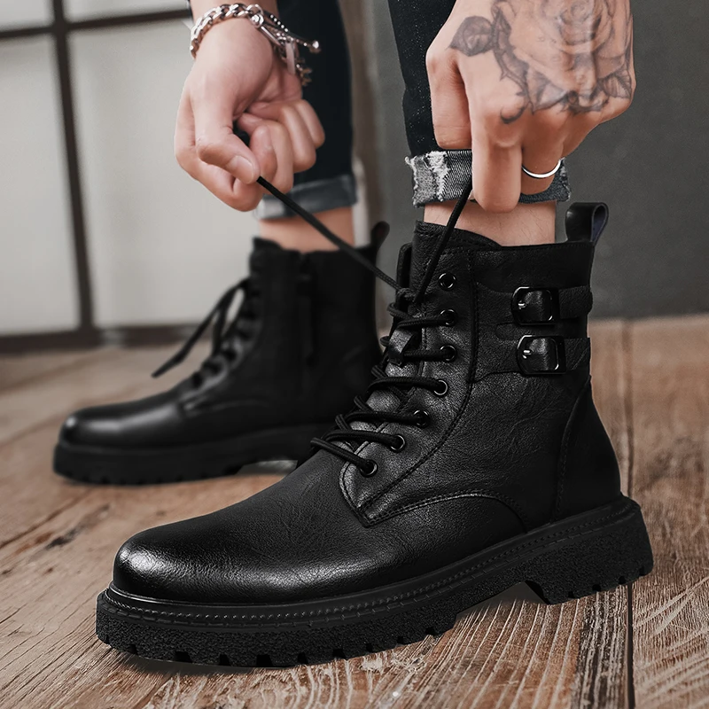 Mens Ankle Boots Winter Hiking Motorcycle Boots Casual Fashion Low-heeled Genuine Leather High Top Black Warm Cotton Shoes